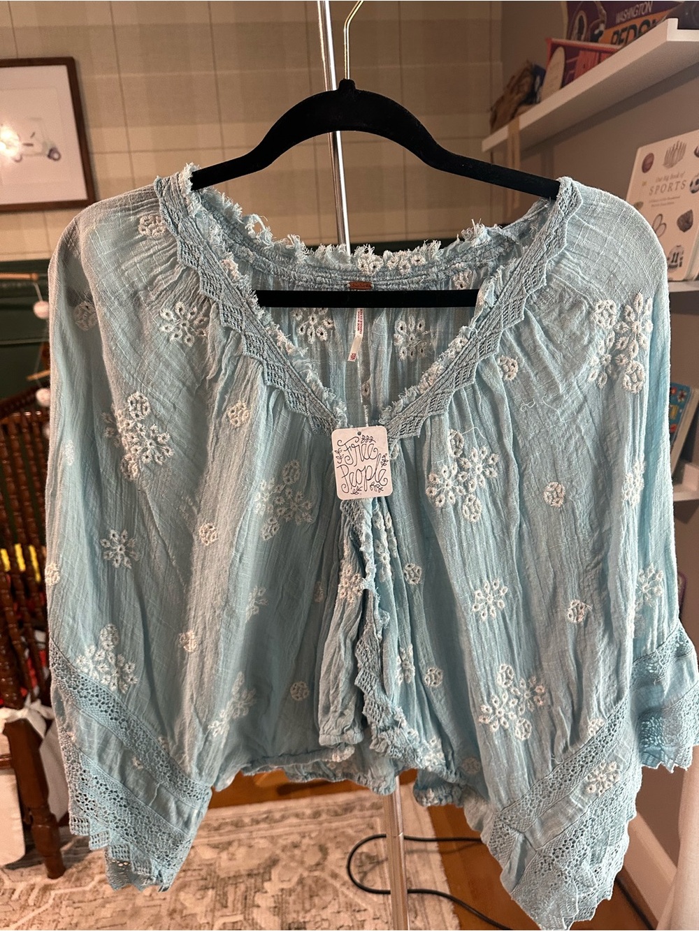 Free People Light Blue Embroidered Boho Peasant Blouse